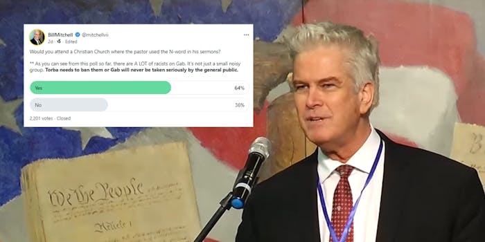 Bill Mitchell with Gab poll about attending "a Christian Church where the pastor used the N-word in his sermons"