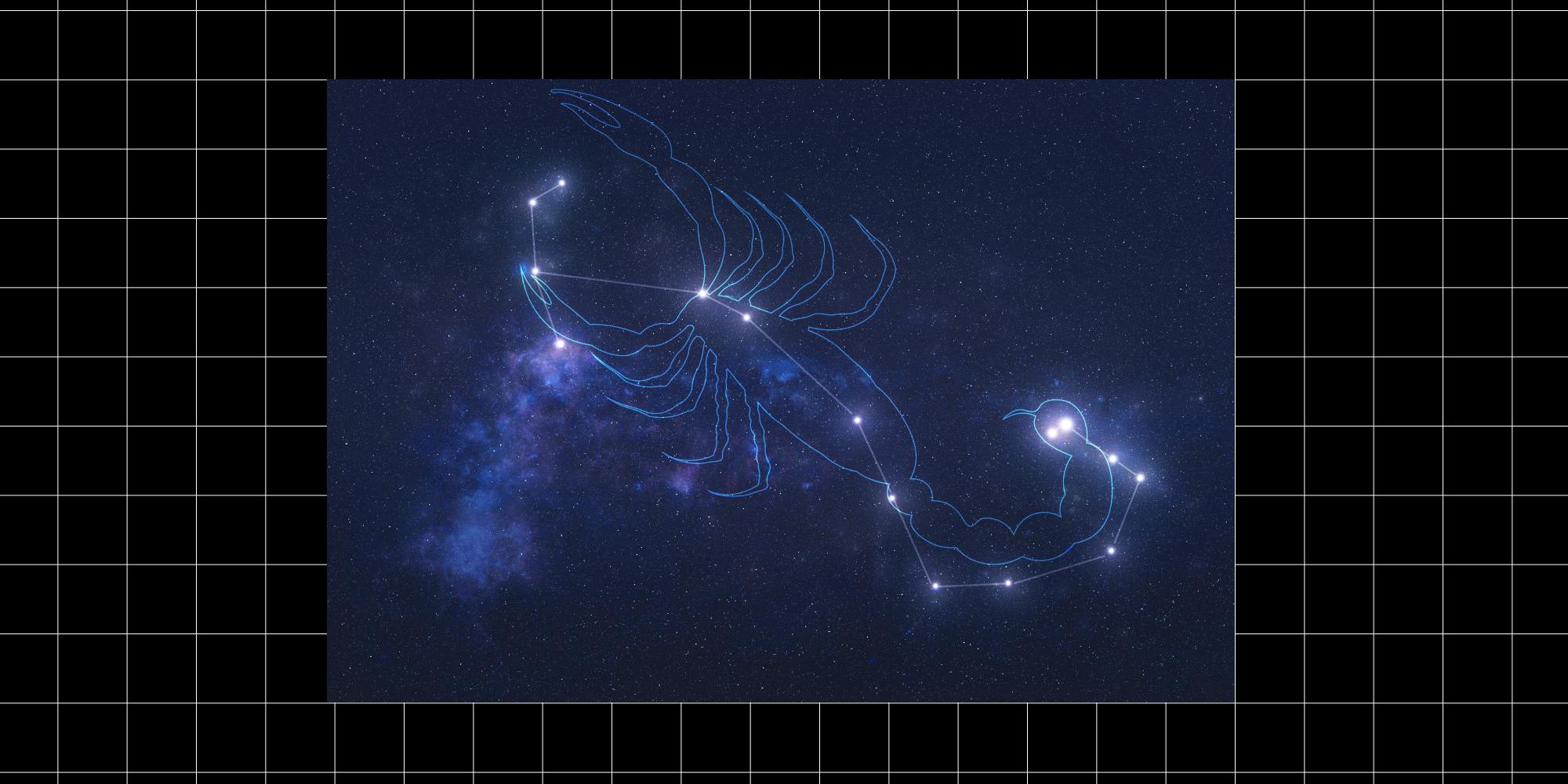 Scorpio Constellation stars in outer space with shape of a scorpio in lines. Zodiac Sign Scorpio constellation lines. Elements of this image were furnished by NASA, over a grid