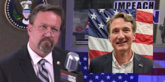 Seb Gorka at microphone (Inset: Glenn Youngkin in front of US flag)