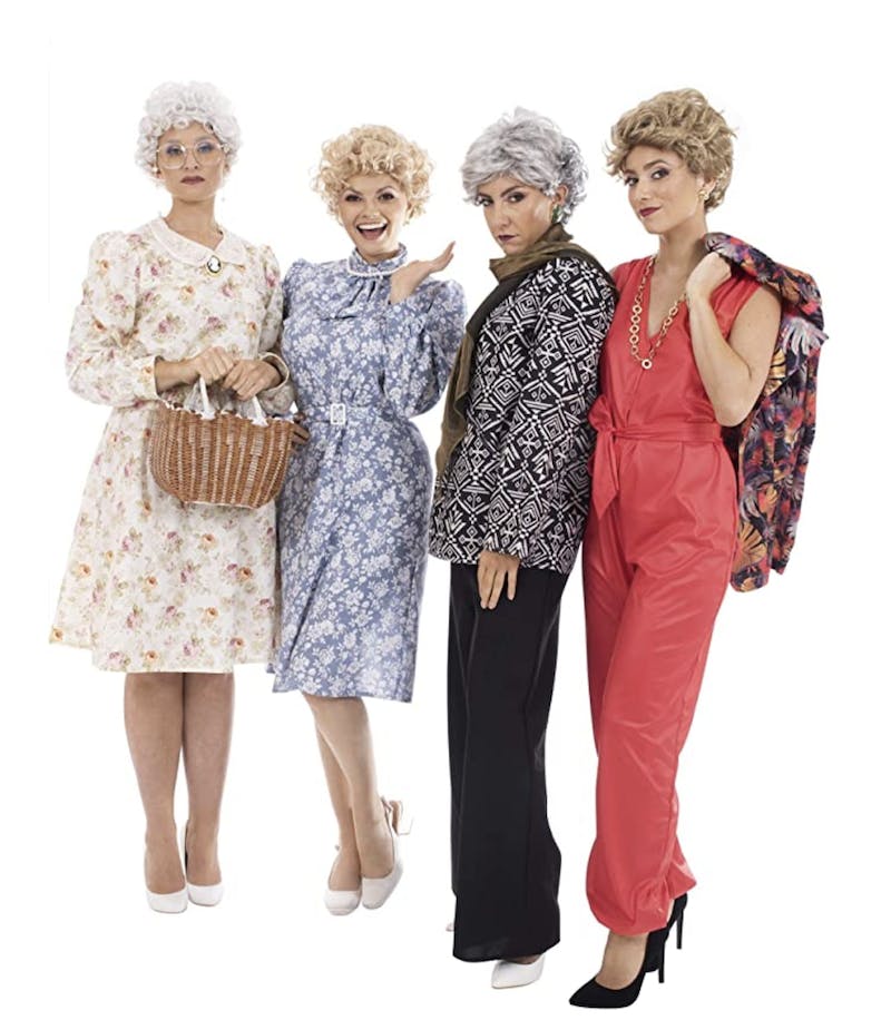 Four women in their twenties and thirties wearing halloween costumes of the Golden Girls