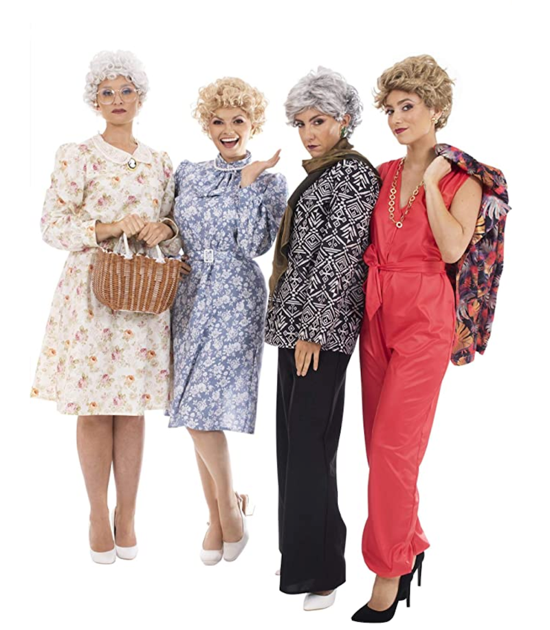 Four women in their twenties and thirties wearing halloween costumes of the Golden Girls