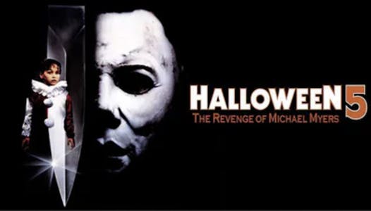 Halloween 4 the revenge of michael myers poster with a little girl in a clown suit super imposed over a knife