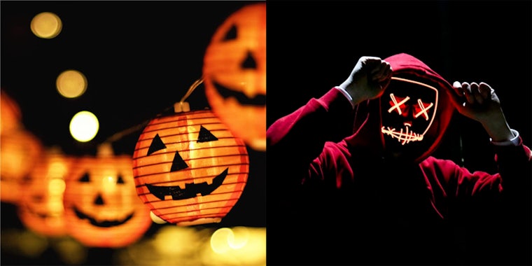 Halloween outdoor lighting solutions including LED lights and a light up mask.