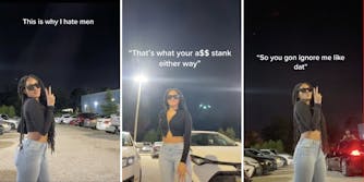 3 stills of a tiktok featuring a black woman experiencing street harassment