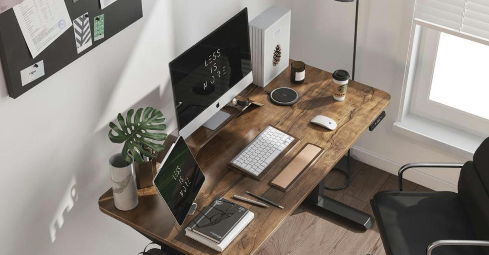 home office featured image, a photo of a home office desk with a imac, ipad, keyboard, and papers