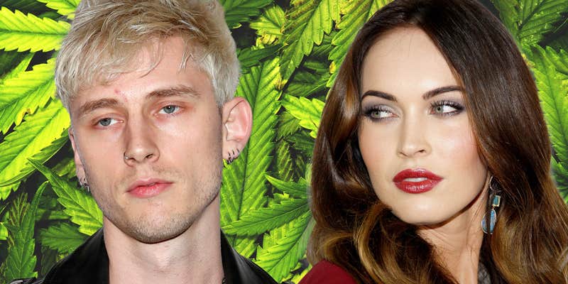 Machine gun Kelly and Megan Fox in front of cannabis leaf background