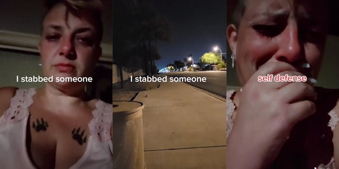 woman with caption "I stabbed someone" (l) street with emergency responder lights (c) woman covering mouth with caption "self defense" (r)