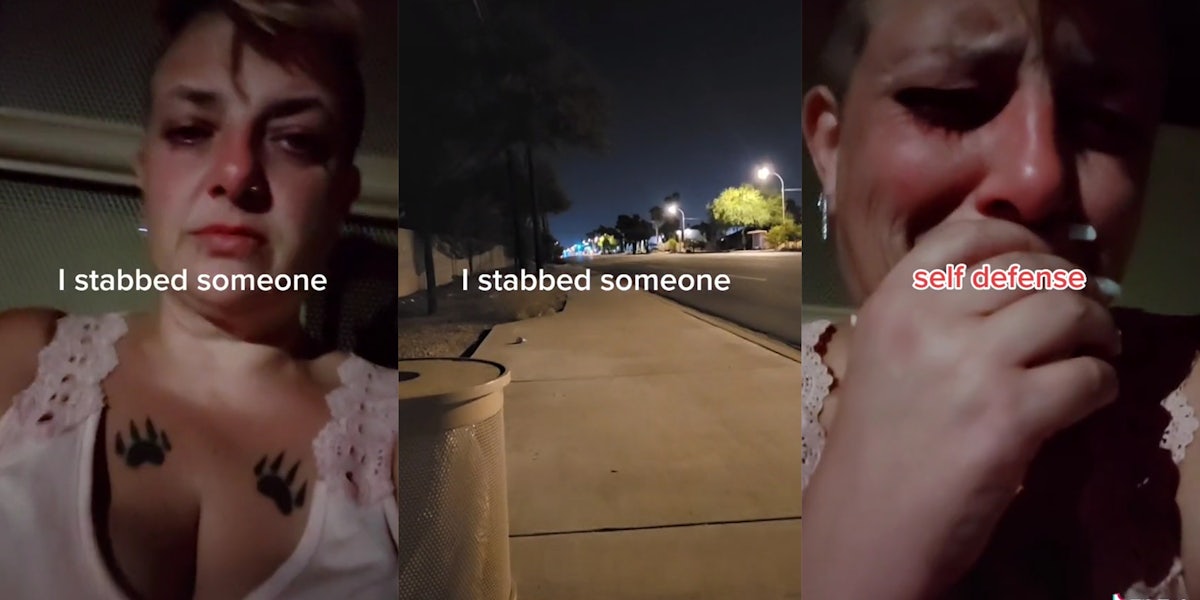 woman with caption 'I stabbed someone' (l) street with emergency responder lights (c) woman covering mouth with caption 'self defense' (r)