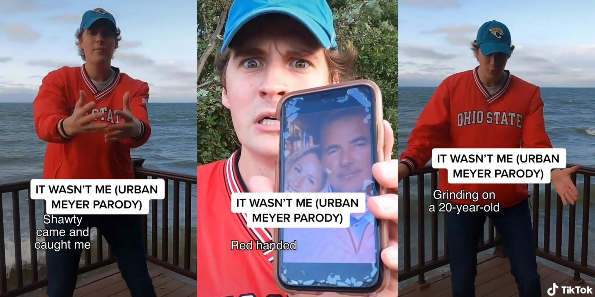 Young man in Ohio State jacket on dock with caption "Shawty came and caught me" (l) same man holding phone with photo of couple and caption "red handed" (c) same man on dock with caption "Grinding on a 20-year-old" (r)