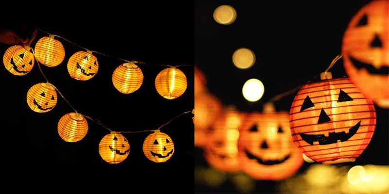 Jack o Lantern LED lights hanging outside.