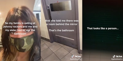 young woman with mask and caption 'so my family is eating at Johnny rockets and me and my sister had to use the bathroom' (l) a door with the caption 'and she told me there was a room behind the mirror that's the bathroom' (c) dark room with blinds and caption 'that looks like a person'
