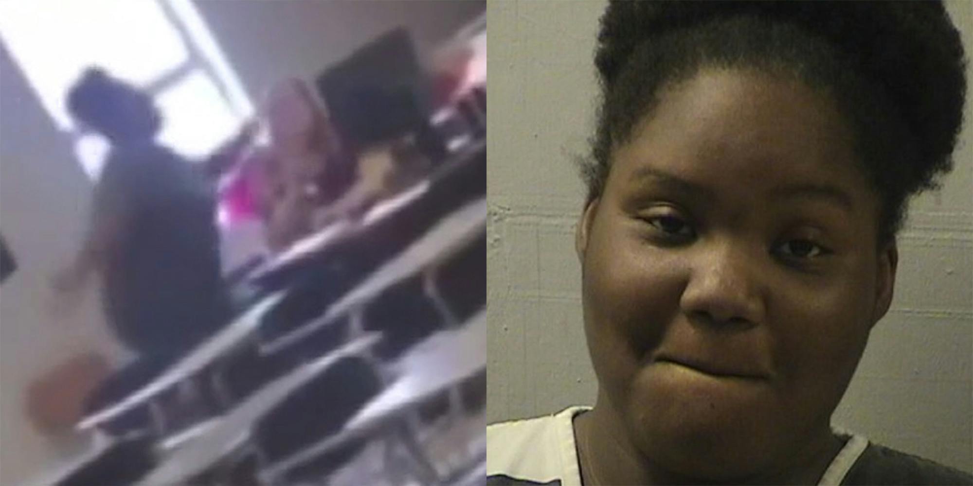 student strikes teacher sitting at desk (l) larrianna jackson mugshot (r)