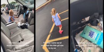 little girl in driver's seat of truck (l) girl running away in parking lot (c) inside center compartment in truck (r) all with caption "The time I came out of recoil and this little girl was in my car"