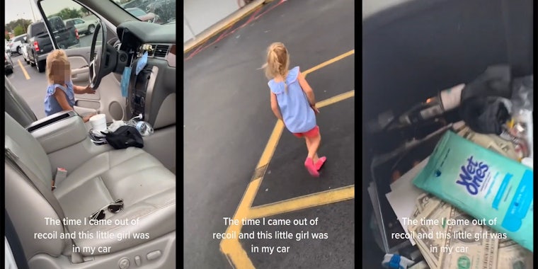little girl in driver's seat of truck (l) girl running away in parking lot (c) inside center compartment in truck (r) all with caption 'The time I came out of recoil and this little girl was in my car'
