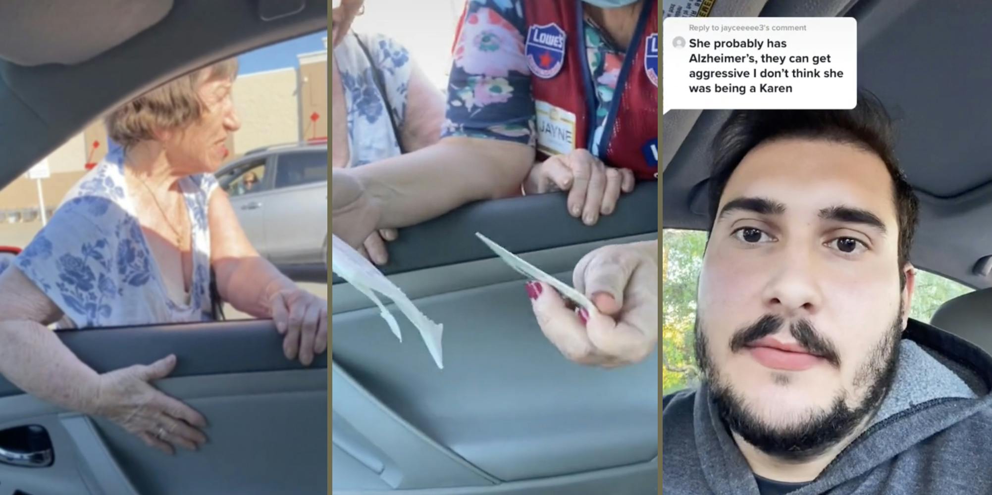 elderly woman confuses tiktoker's car as her own, lowe's employee helps woman, tiktoker talking