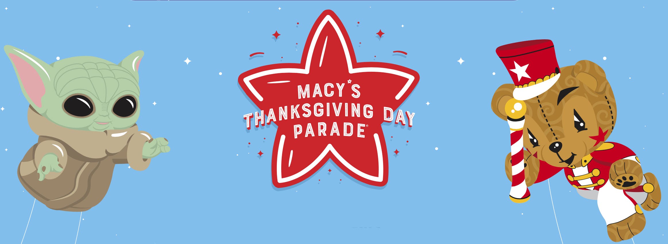 A banner for he Macy's Thanksgiving Day Parade which airs on Sling TV in November 2021.