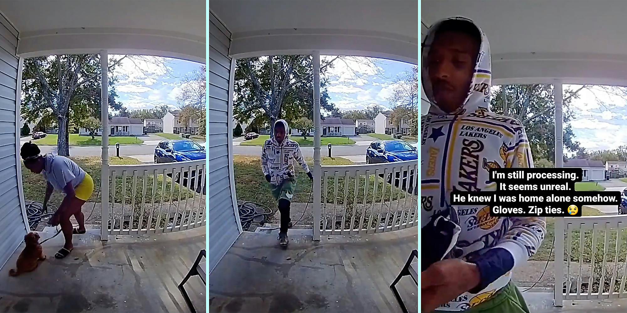 A woman on her porch (L), a man talking onto a porch (C), and a man putting gloves on (R).