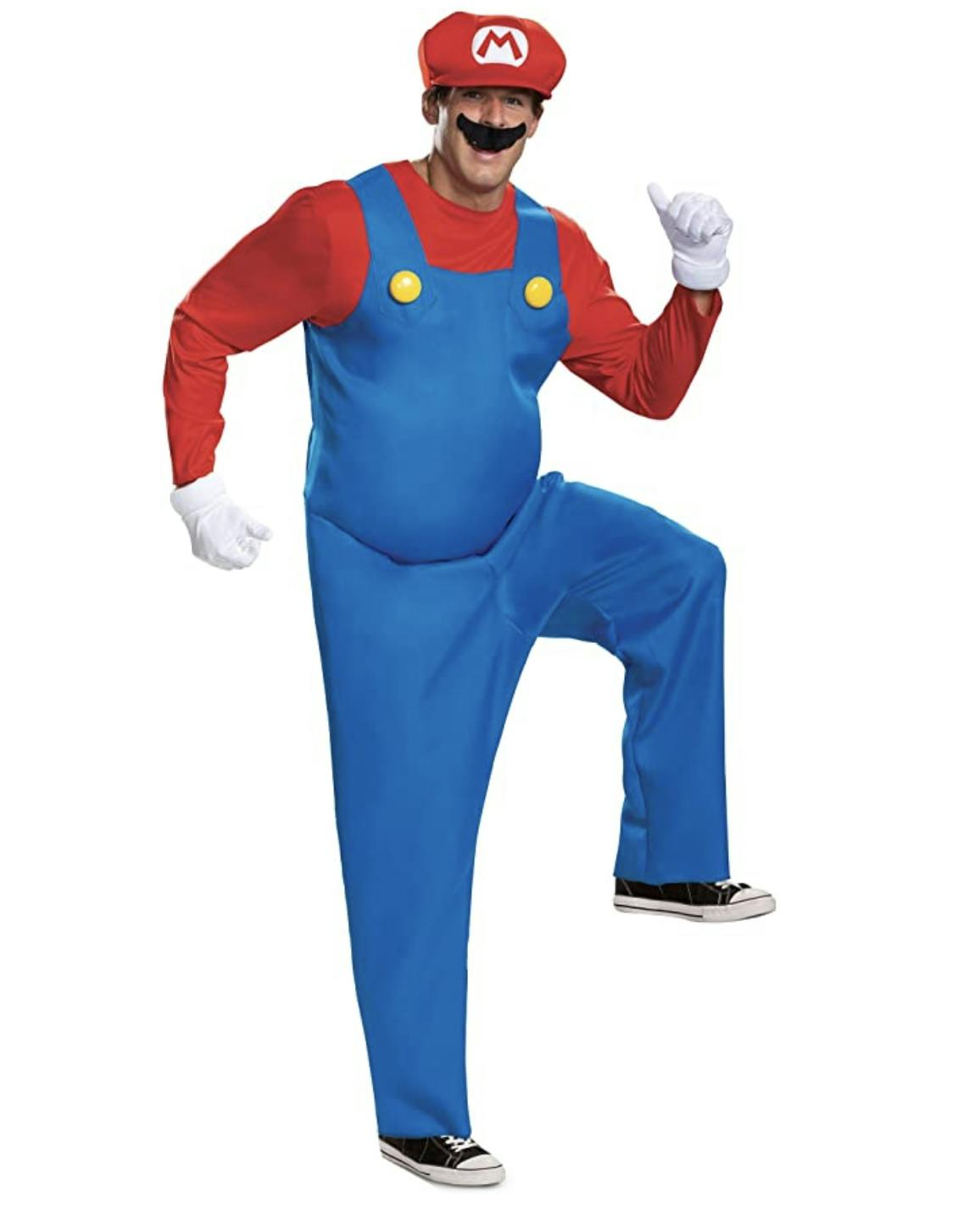 adult man in a blue overalls and a red shirt with big white gloves and a red hat, in the style of Mario