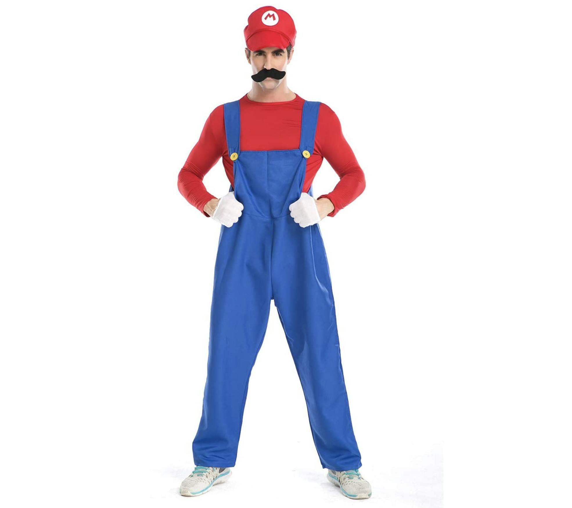Group Halloween costumes - Super Mario costume, a man in blue overalls, with a red shirt, puffy gloves, a red hat with a M on it, and puffy gloves. There is a moustache on his face.