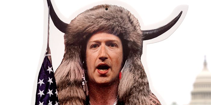 Facebook CEO Mark Zuckerberg portrayed as the QAnon shaman before a Congressional hearing on the role social media played in the January Insurrection.