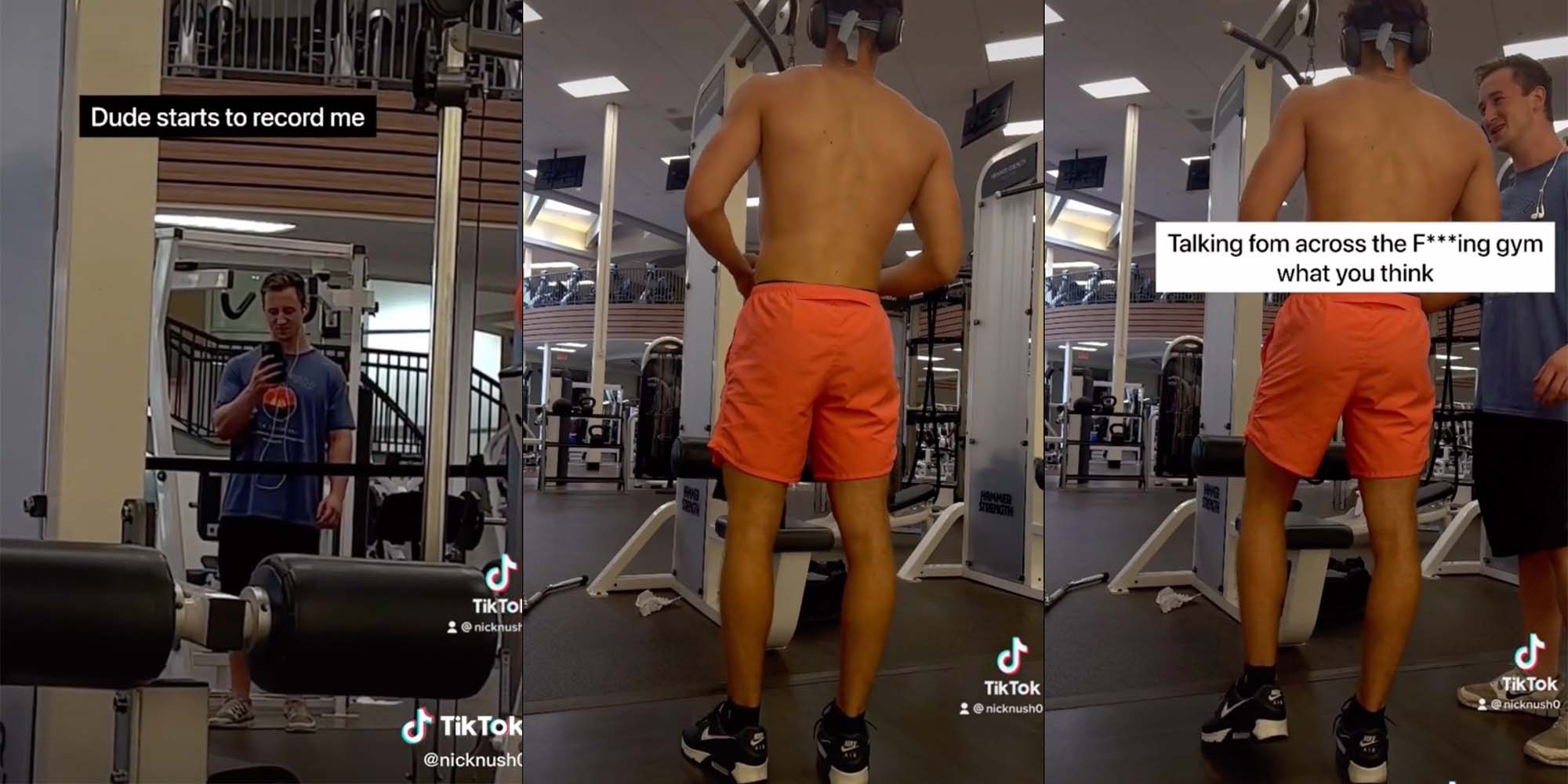 A man yells and records a Tiktoker in the gym for working out shirtless.