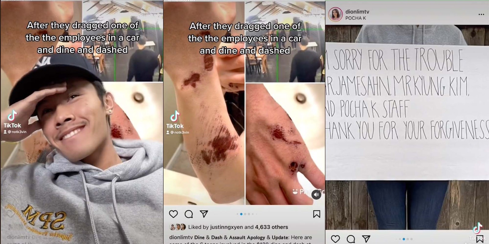 A TikTok shows screenshots of ABC7 reporter Dion Lim's Instagram post on the Pocha K dine and dash.