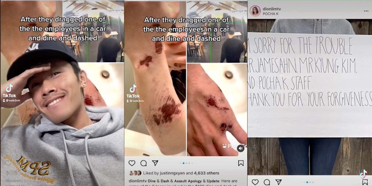 A TikTok shows screenshots of ABC7 reporter Dion Lim's Instagram post on the Pocha K dine and dash.