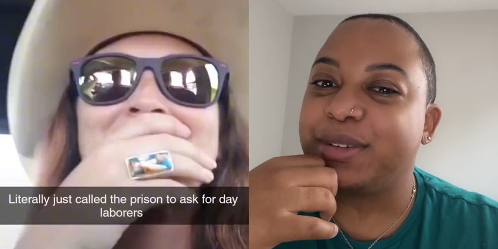 woman wearing sunglasses and hat covering smirk with hand with caption 'Literally just called the prison to ask for day laborers' (l) woman replying (r)