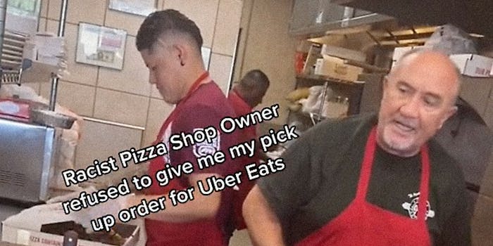 Workers in a pizza shop.