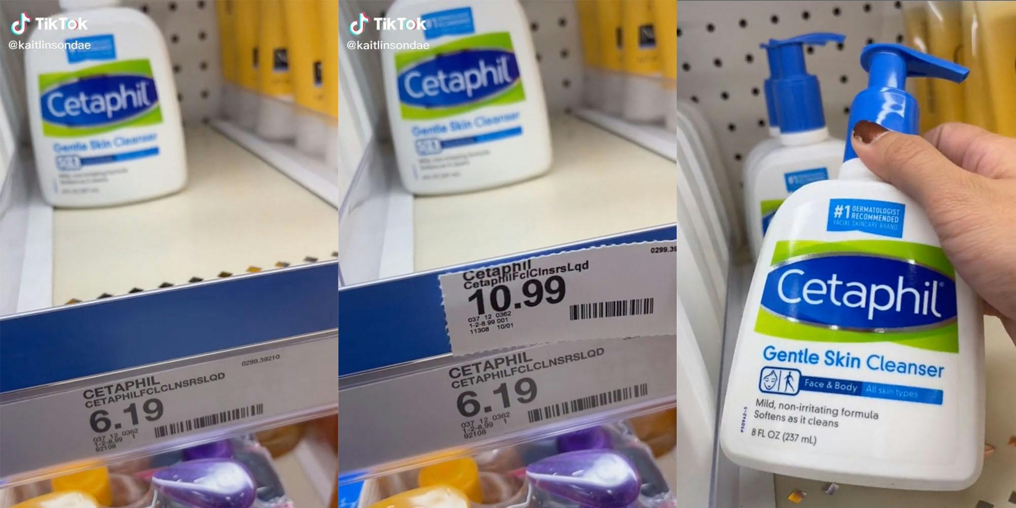 Woman holding two different price tags for face cleanser