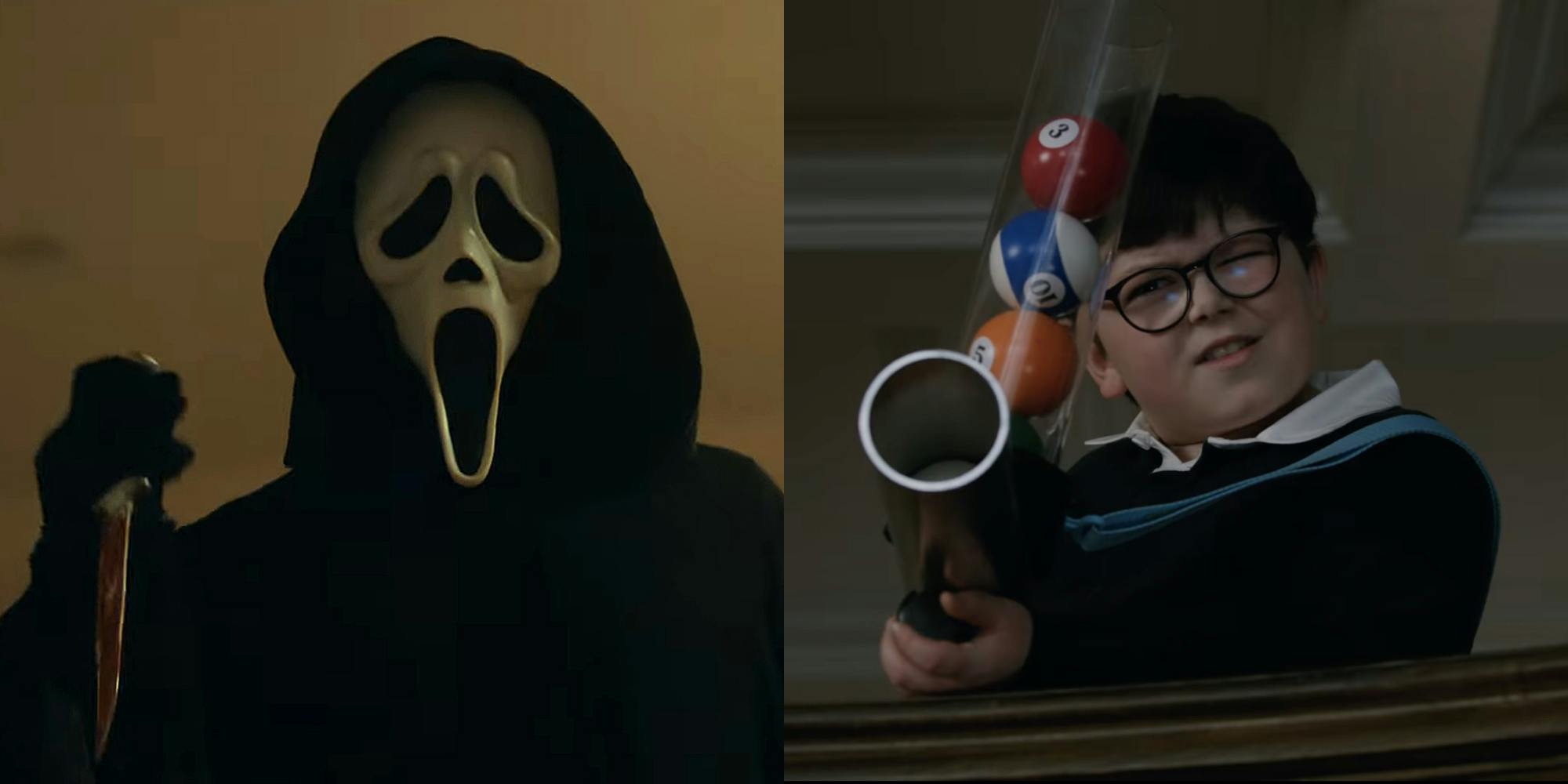two-side panel of ghostface in scream (left) and archie yates in home sweet home alone (right)