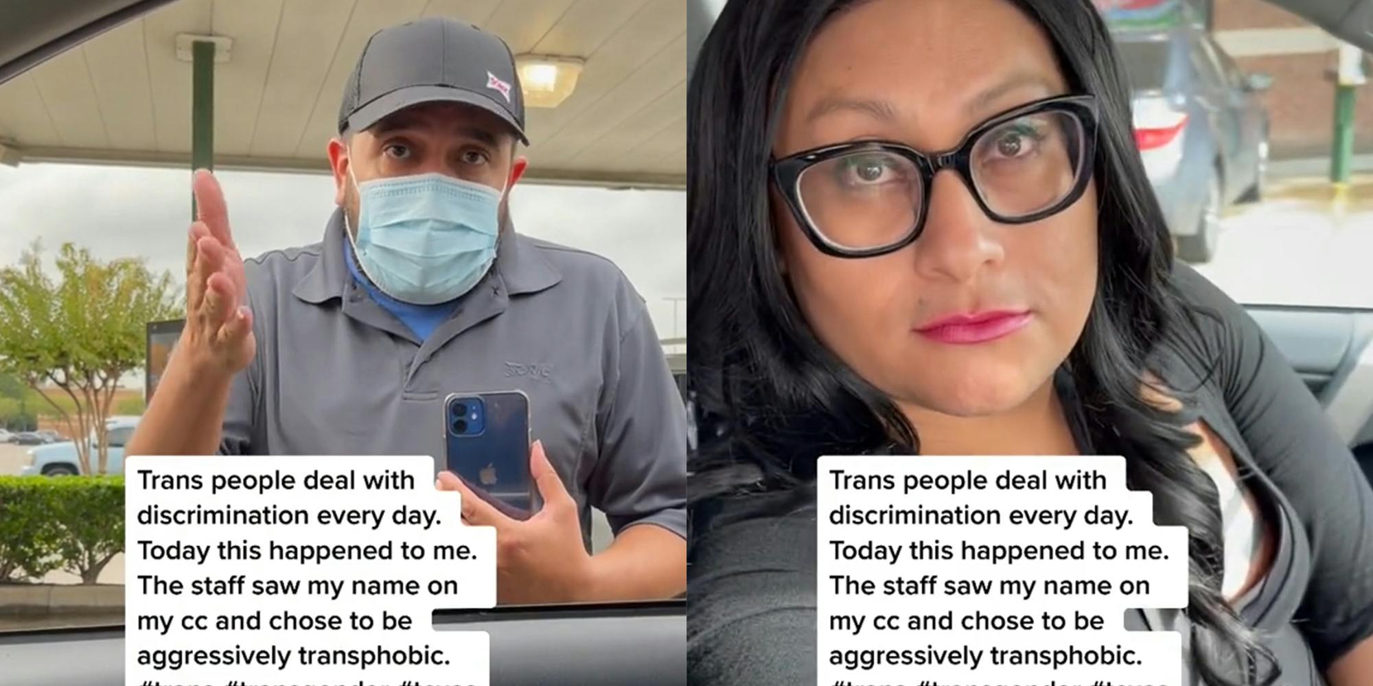 sonic worker (l) harassing trans woman in driver's seat (r)