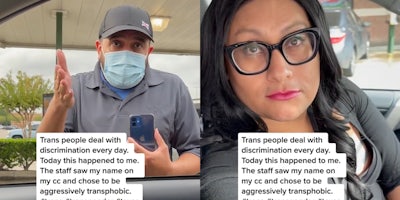 sonic worker (l) harassing trans woman in driver's seat (r)