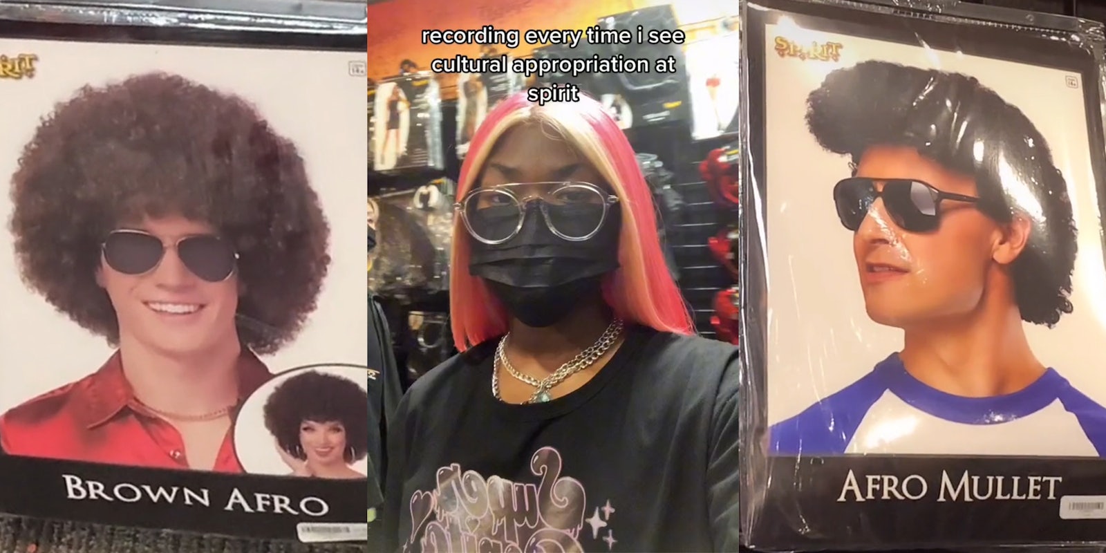 white man with 'Brown Afro' wig (l) young woman in mask with caption 'recording every time i see cultural appropriation at spirit' (c) white man in 'Afro Mullet' wig (r)