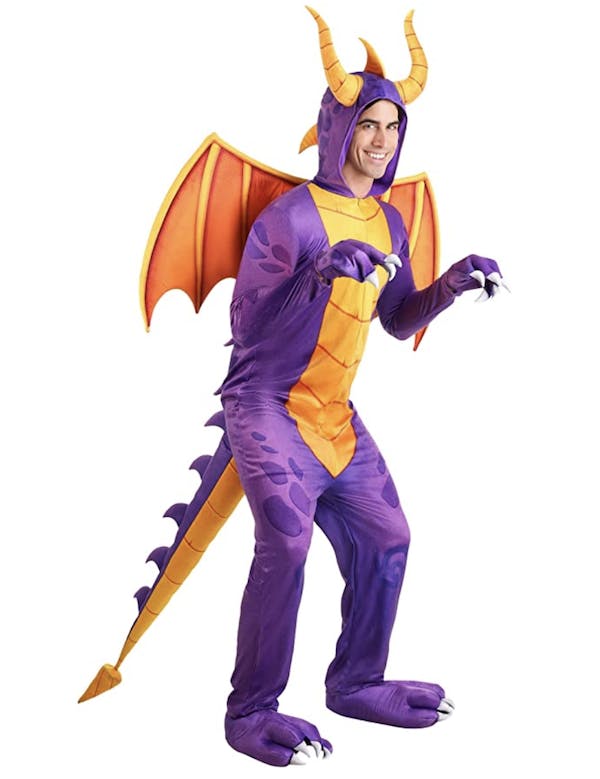 man in a purple dragon outfit in the style of spyro the dragon from PlayStation