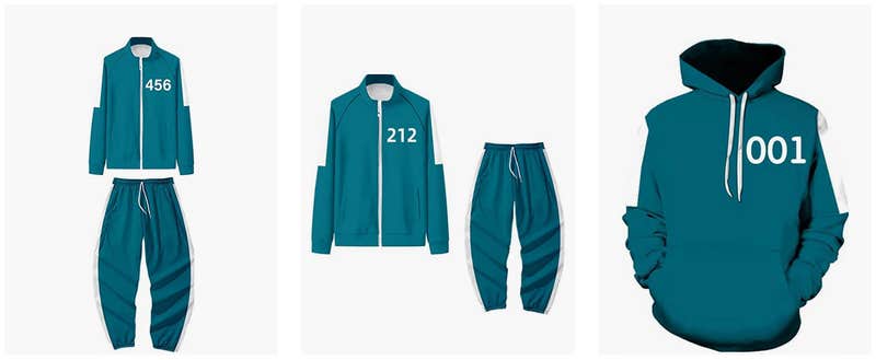 Best group Halloween costumes - Squid Game costumes featuring turquoise jumpsuits with numbers on them