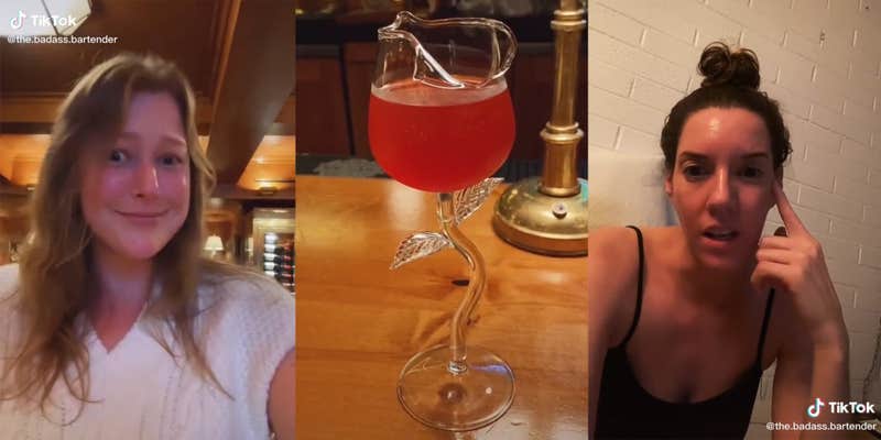 person in bar (l) glass in the shape of a flower (c) woman in front of brick wall (r)