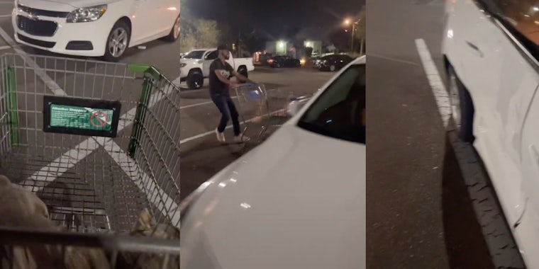 man seemingly pushing chopping cart into woman's car