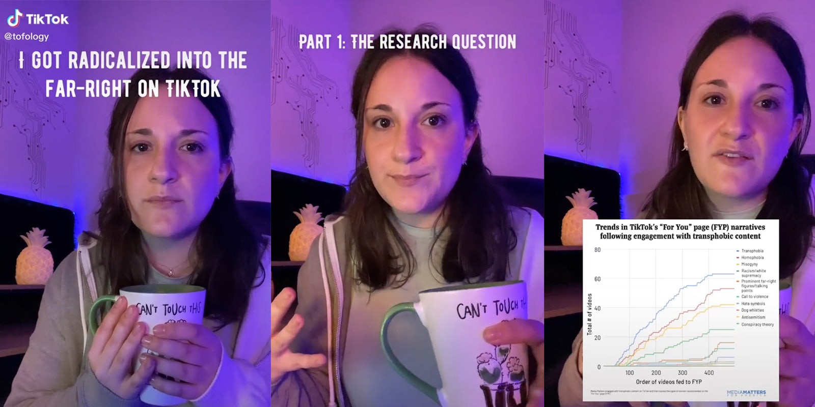 Young woman holding coffee mug with captions 'I got radicalized into the far-right on TikTok' (l) 'Part 1: The Research Question' (c) graph of Trends in TikTok's 'For You' page narratives following engagement with transphobic content