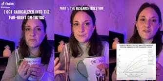 Young woman holding coffee mug with captions "I got radicalized into the far-right on TikTok" (l) "Part 1: The Research Question" (c) graph of Trends in TikTok's "For You" page narratives following engagement with transphobic content