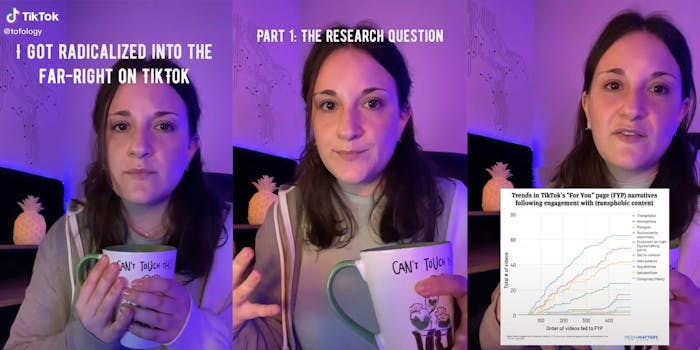 Young woman holding coffee mug with captions "I got radicalized into the far-right on TikTok" (l) "Part 1: The Research Question" (c) graph of Trends in TikTok's "For You" page narratives following engagement with transphobic content