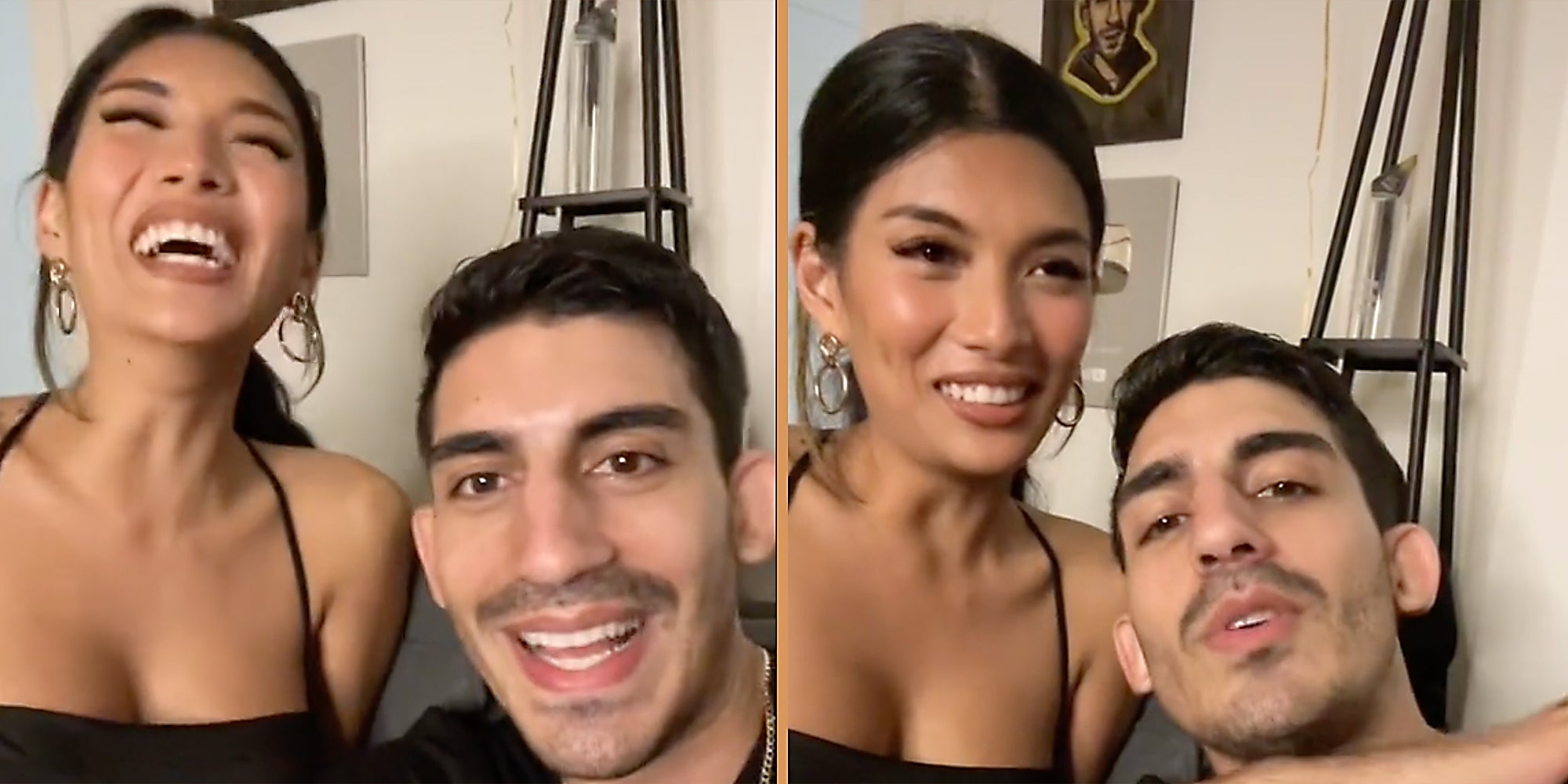 Two people talking into camera.