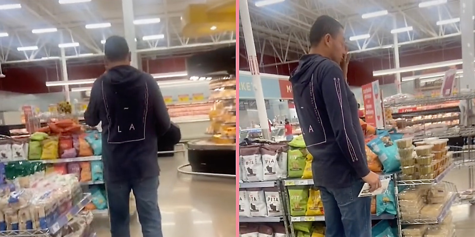 A man wearing a hoodie in a grocery store.
