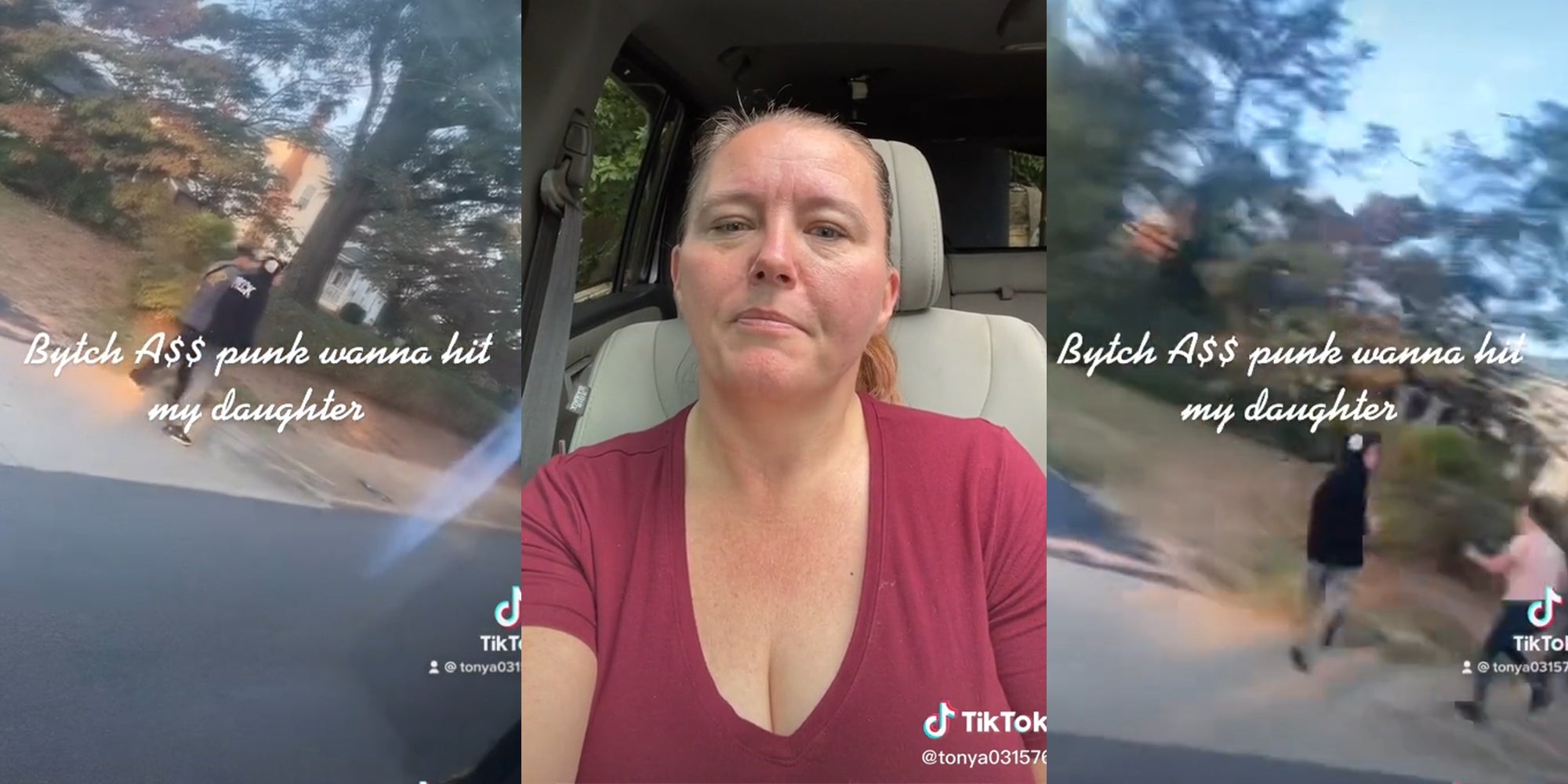 two young men walking on sidewalk with caption 'Bytch A$$ punks wanna hit my daughter' (l) woman in car seat (c) woman chasing young man on sidewalk