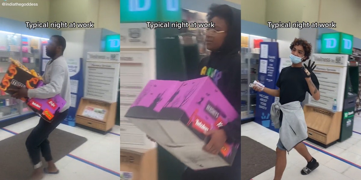 people leaving store with merchandise with caption 'Typical night at work'