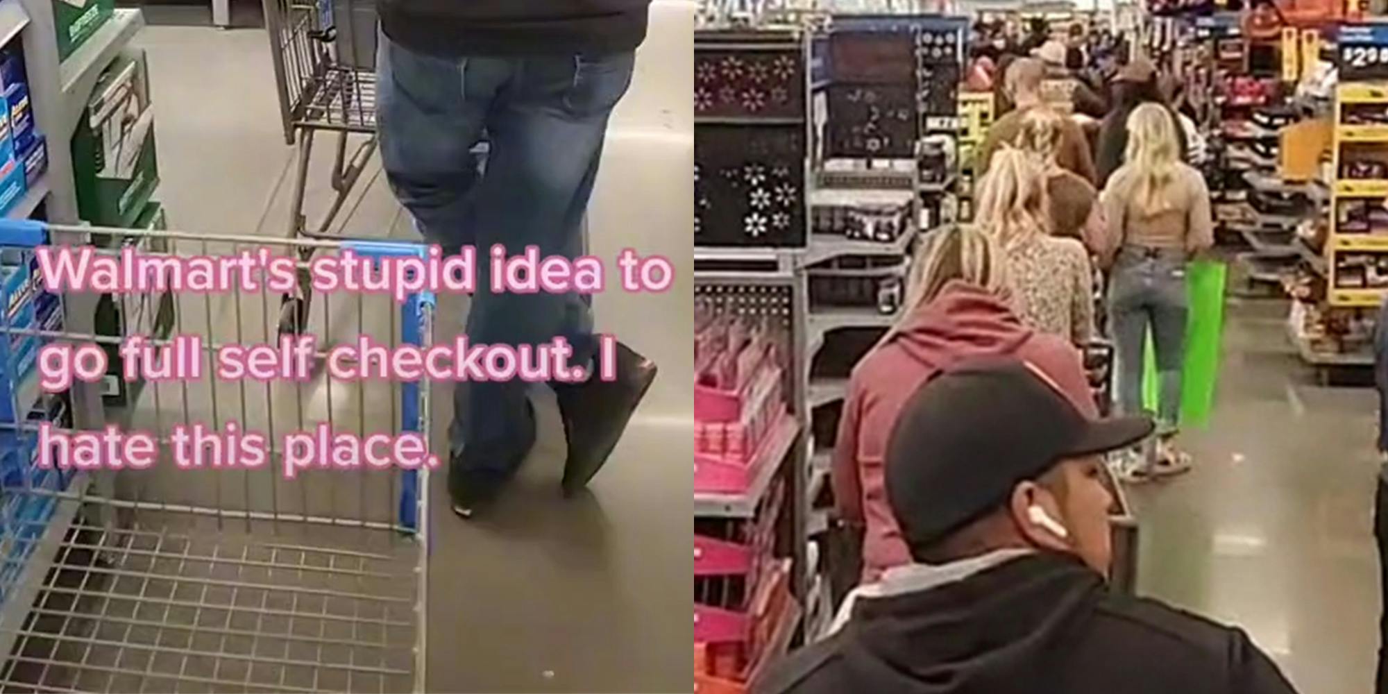 people in long line at walmart with caption "Walmart's stupid idea to go full self checkout. I hate this place."