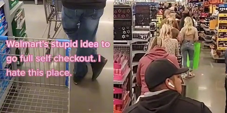 people in long line at walmart with caption 'Walmart's stupid idea to go full self checkout. I hate this place.'