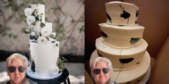 Woman with fancy wedding cake (l) woman with inelegant wedding cake (r)