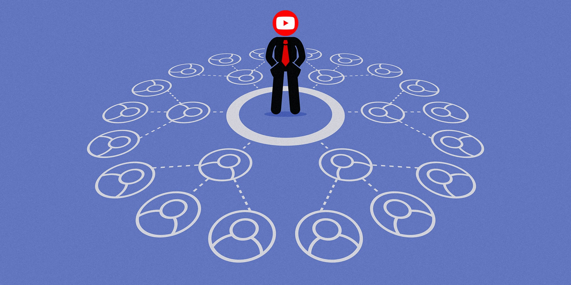 Man in business suit with YouTube logo for head stands in a circle connected to user icons, which are connected to further tiers of user icons