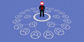 Man in business suit with YouTube logo for head stands in a circle connected to user icons, which are connected to further tiers of user icons